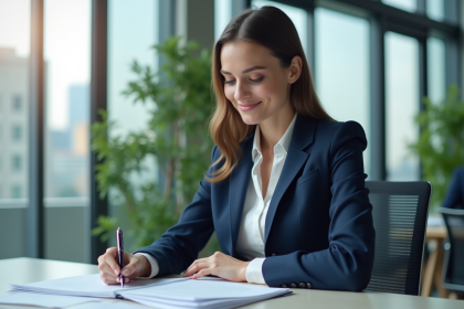Femme d'affaires en costume vérifiant documents de prêt immobilier