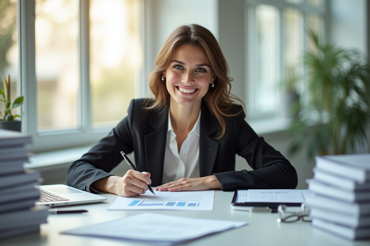 Femme d'affaires confiante signant des documents dans un bureau lumineux