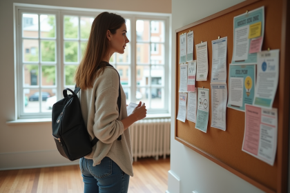 Femme regardant un tableau d'affiches dans un centre communautaire