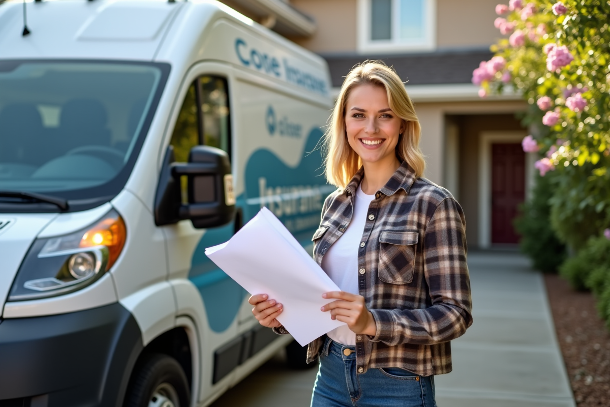 Femme artisan souriante avec van et documents