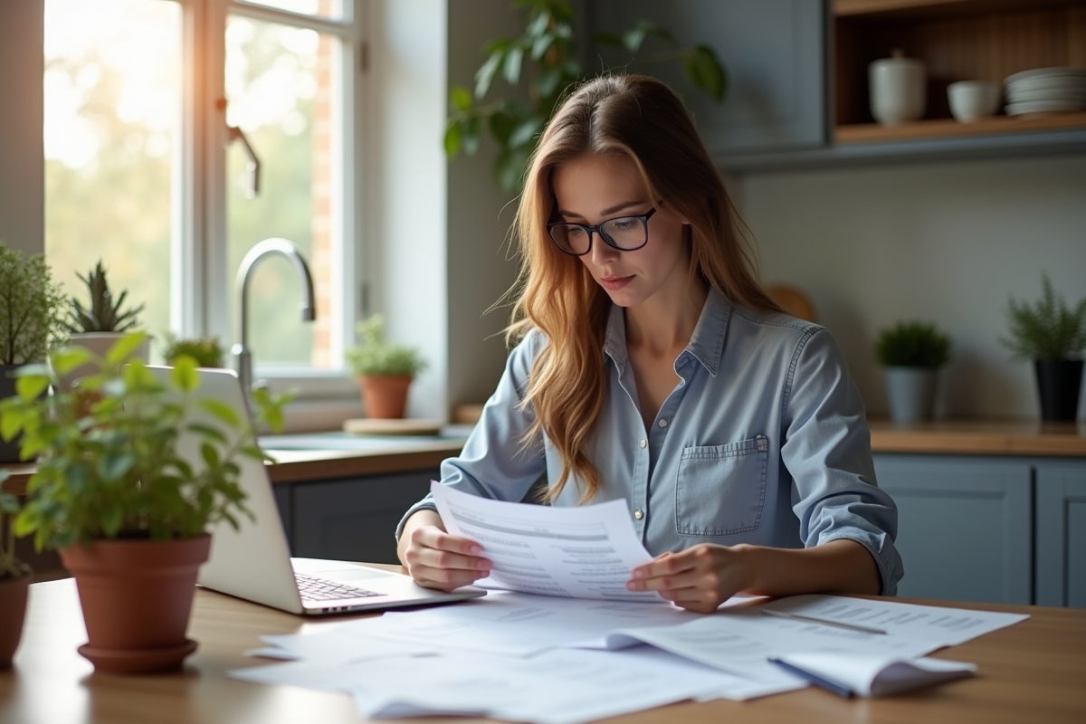 Jeune femme professionnelle vérifiant son budget à la cuisine