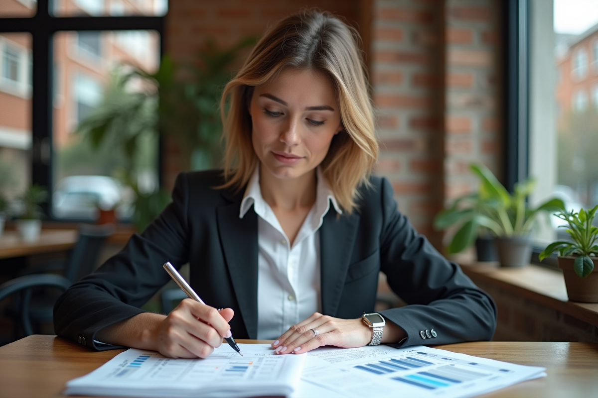 Femme en blazer analysant des rapports dans un café lumineux