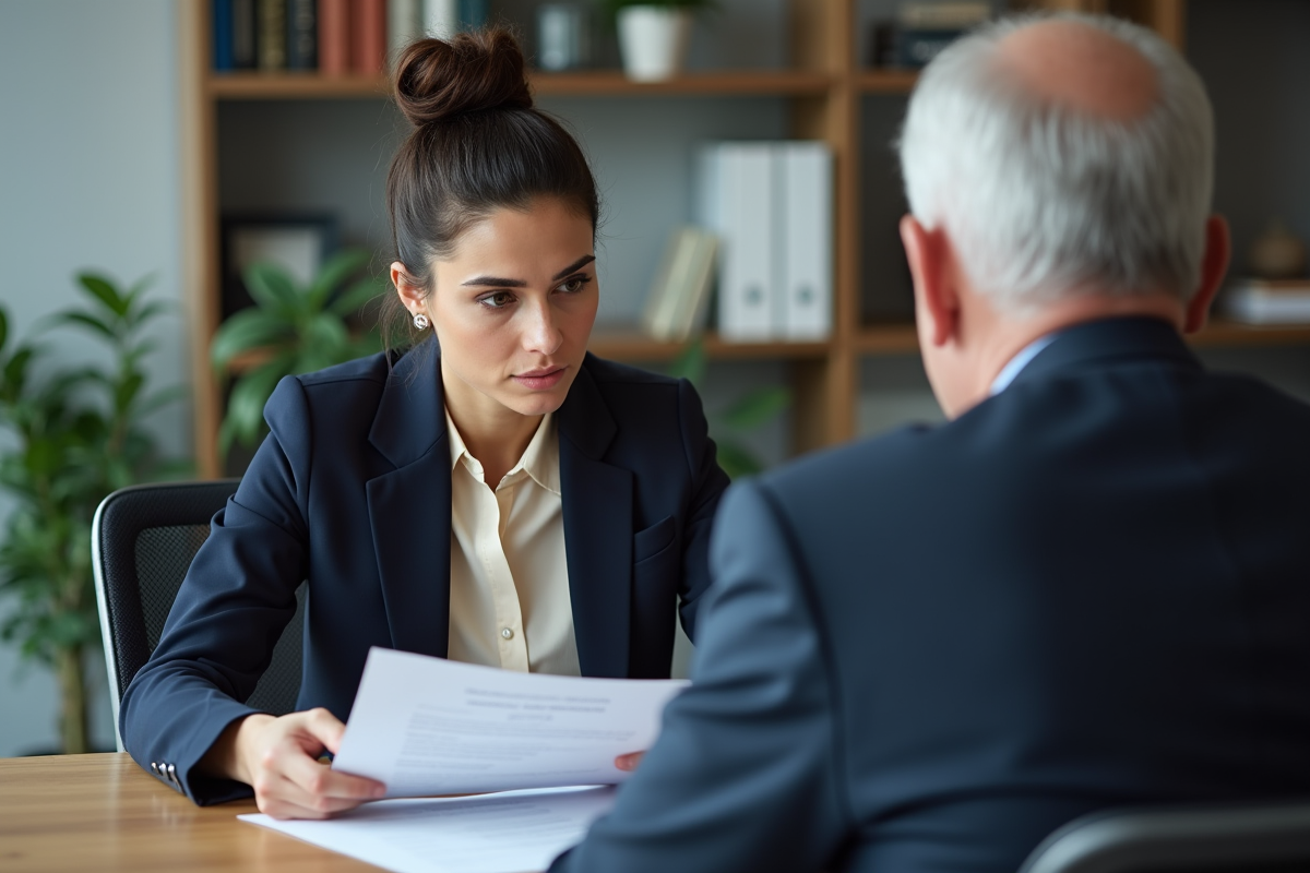 Femme conseillant un client en banque pour un crédit immobilier