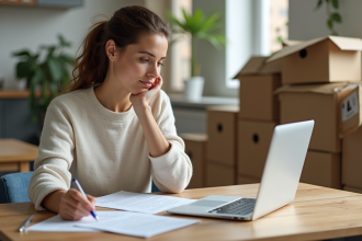 Femme lisant sa lettre d'annulation dans une cuisine lumineuse