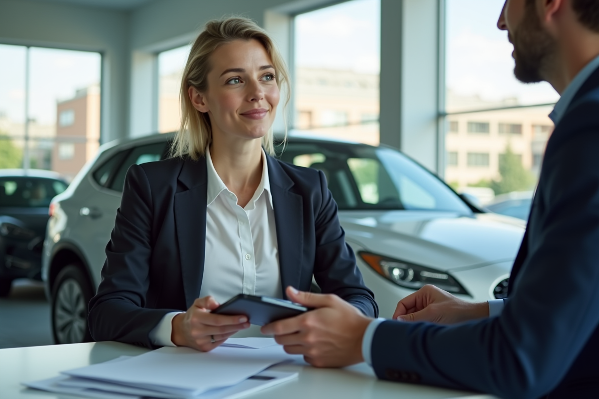 Femme discutant options de location avec un vendeur dans un showroom moderne