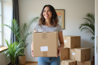 Jeune femme souriante avec boîte de déménagement dans un appartement