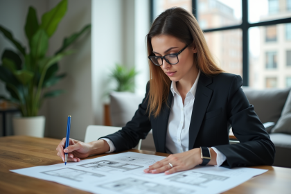 Femme confiante examinant plans et annonces immobilières
