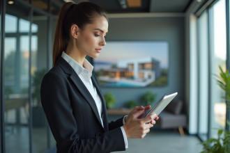 Jeune femme d'affaires examinant un plan 3D immobilier