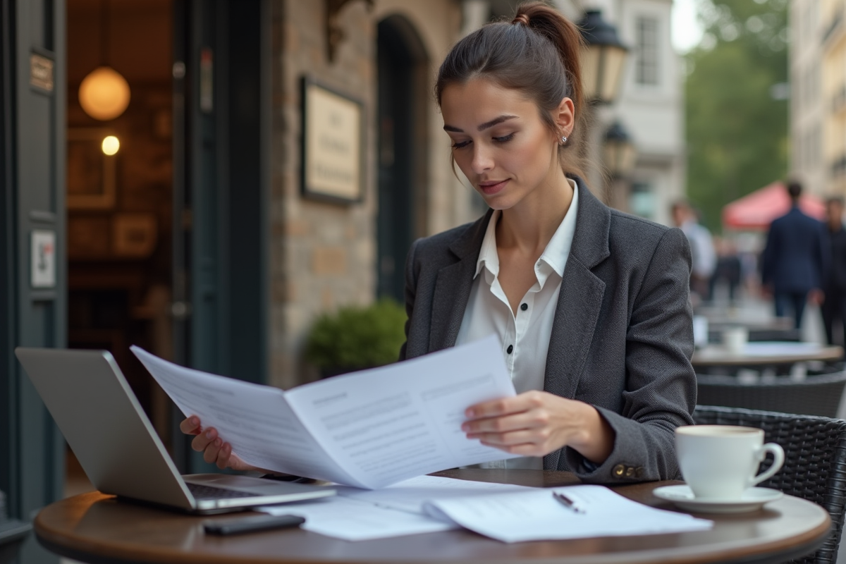 Femme lisant des documents immobiliers en cafe