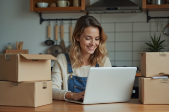 Femme assise à une table de cuisine en déménagement