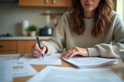 Femme triant des papiers officiels dans une cuisine lumineuse