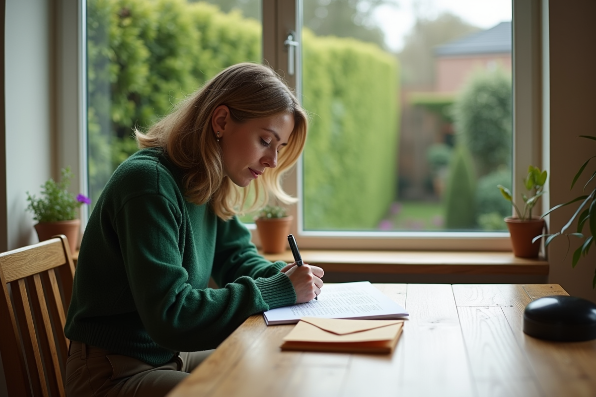 Femme lisant et remplissant un formulaire à la maison