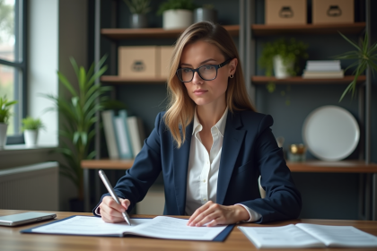 Femme en costume lisant des documents de pret immobilier