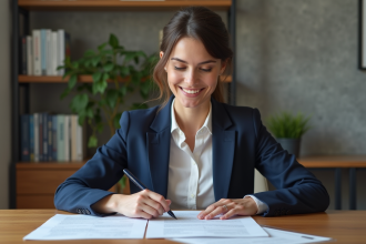 Femme professionnelle examinant des documents de prêt immobilier
