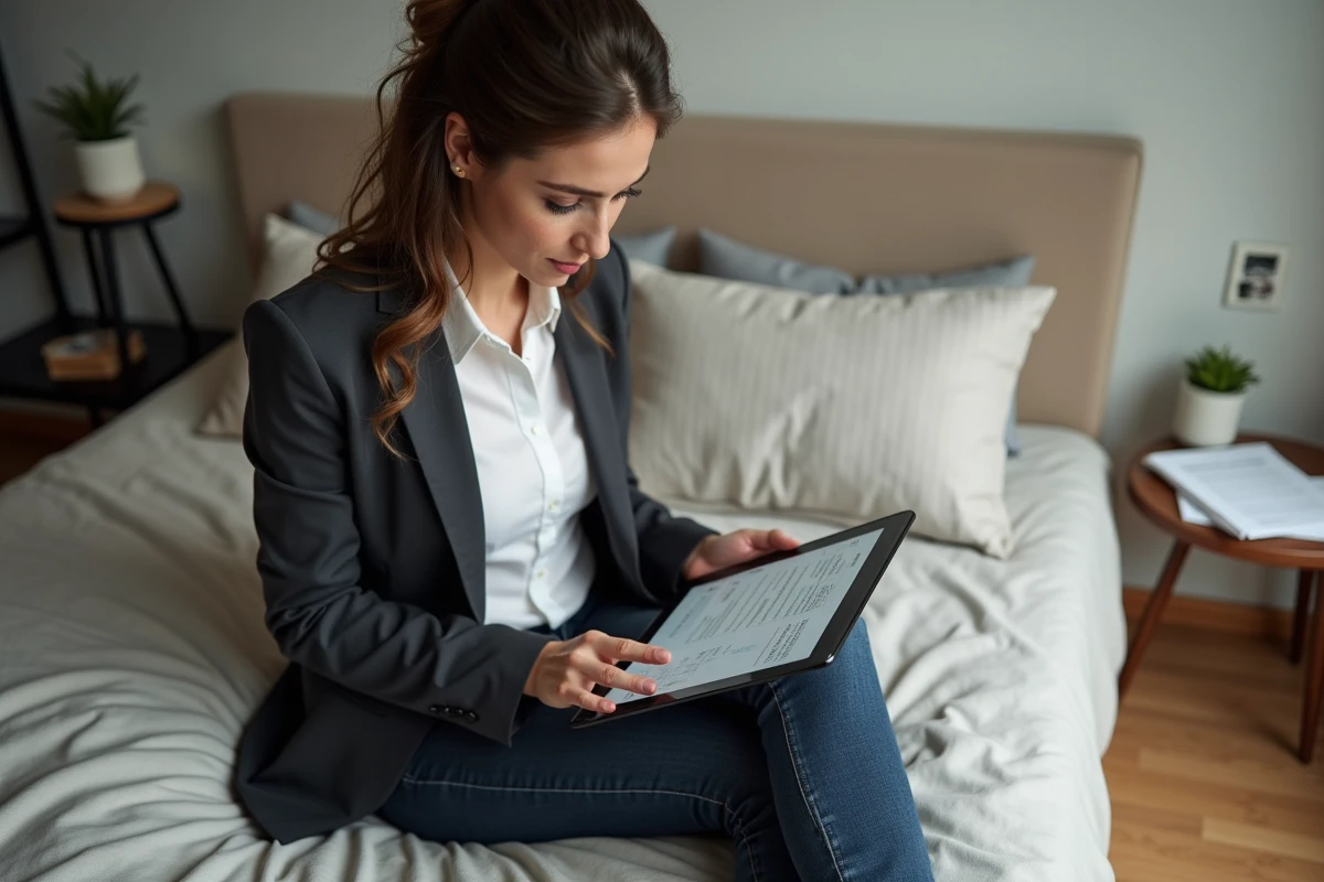 Femme vérifiant une facture internet sur une tablette dans un appartement moderne