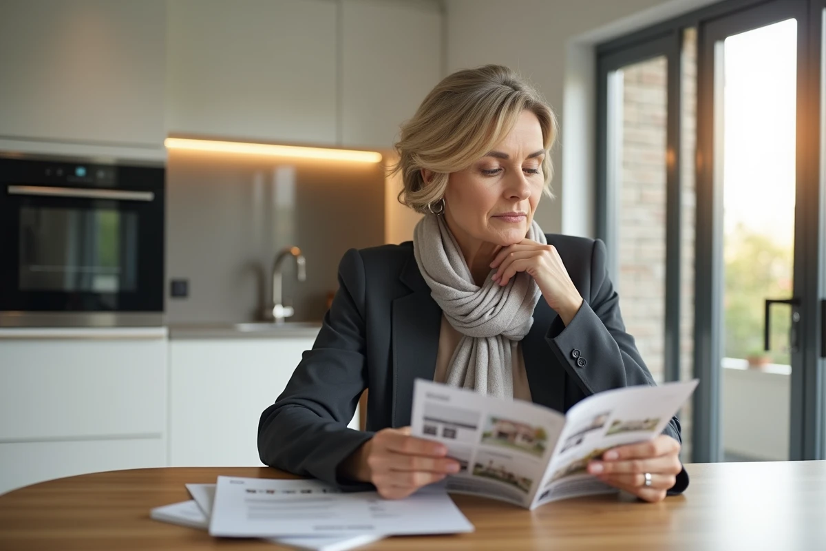 Femme réfléchissant à des brochures de logement intérieur