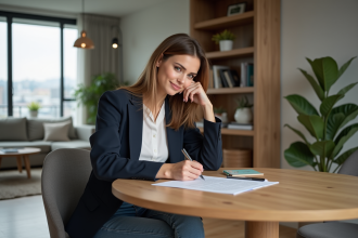 Femme confiante signant un bail dans un appartement moderne