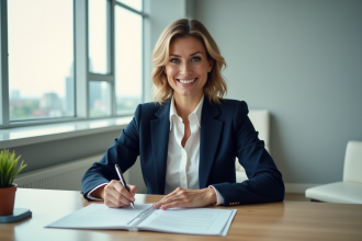 Femme confiante signant des documents immobiliers dans un bureau lumineux