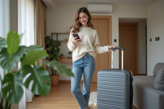 Jeune femme détendue avec valise dans un appartement