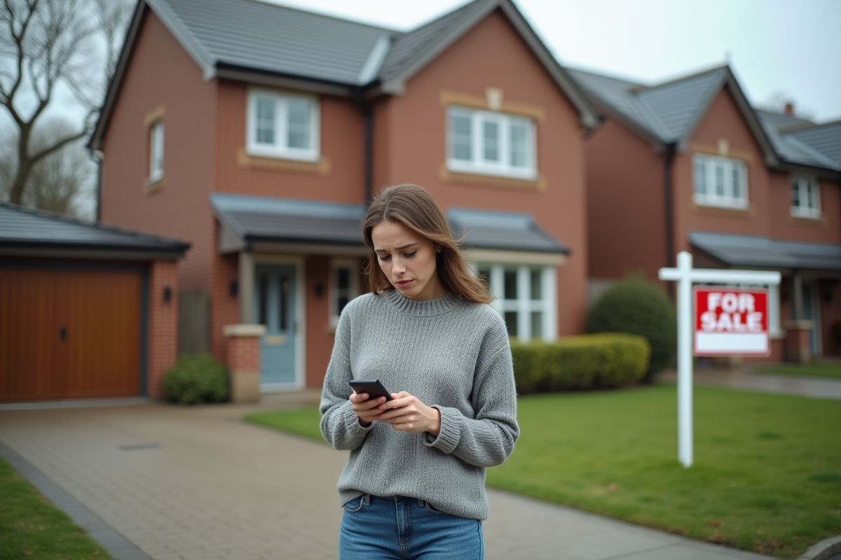 Jeune femme stressée devant une maison à vendre