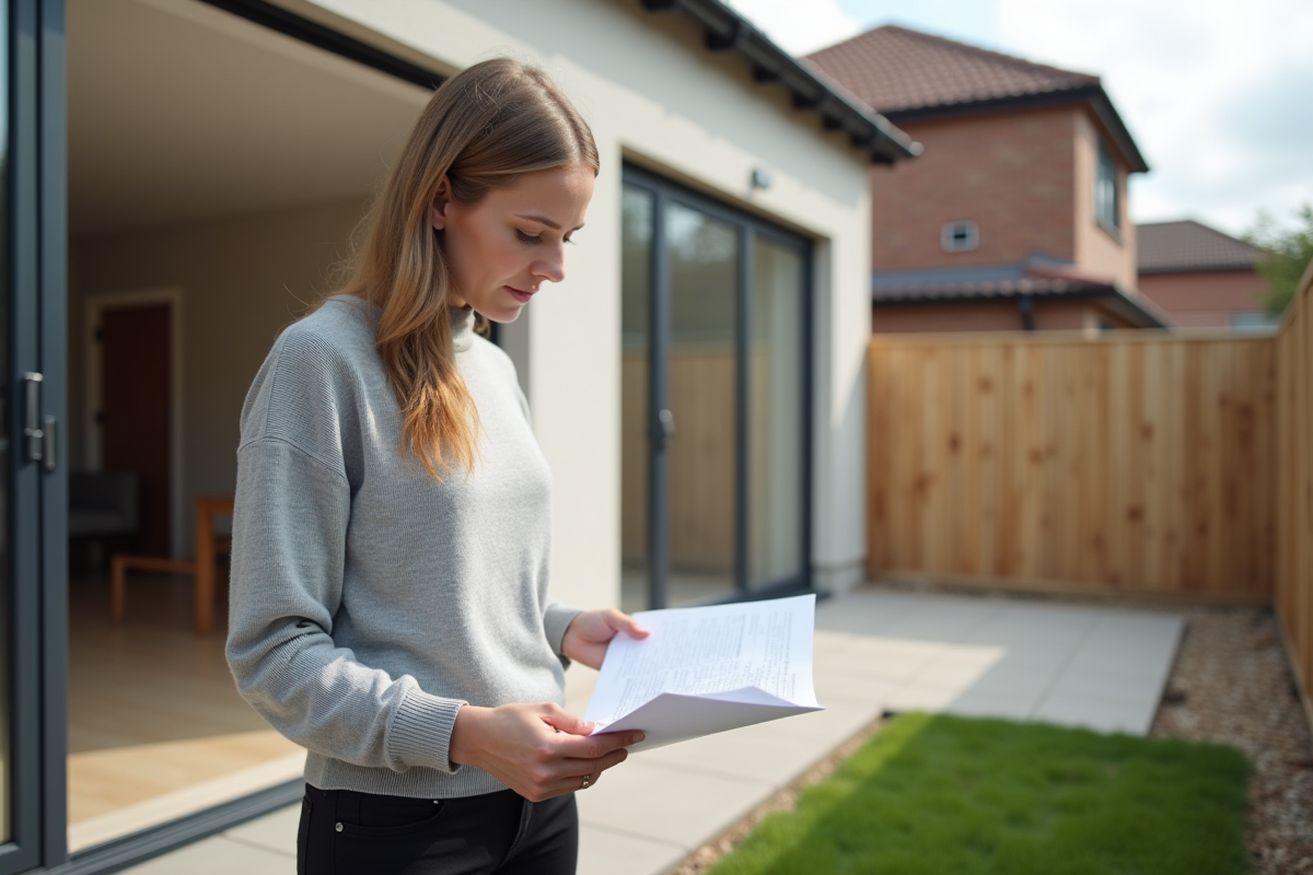 Jeune femme examine des plans de construction dans le jardin