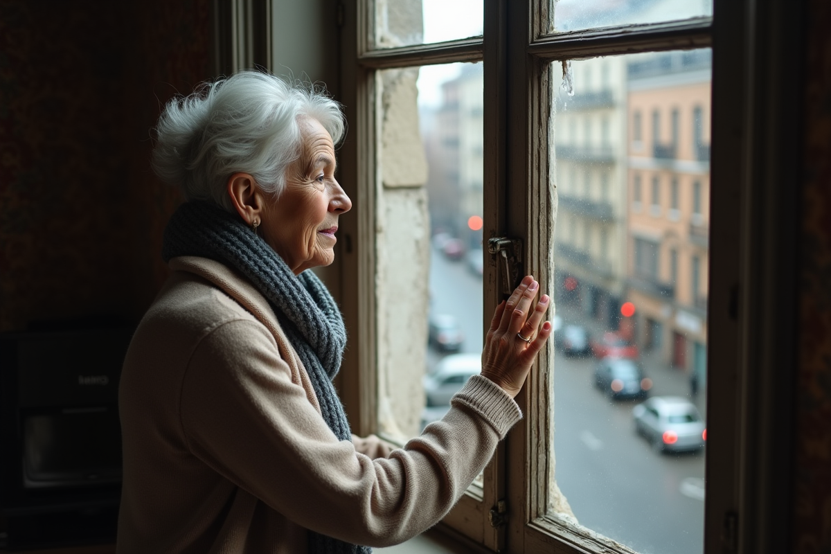Femme âgée regardant par une fenêtre ancienne dans un appartement