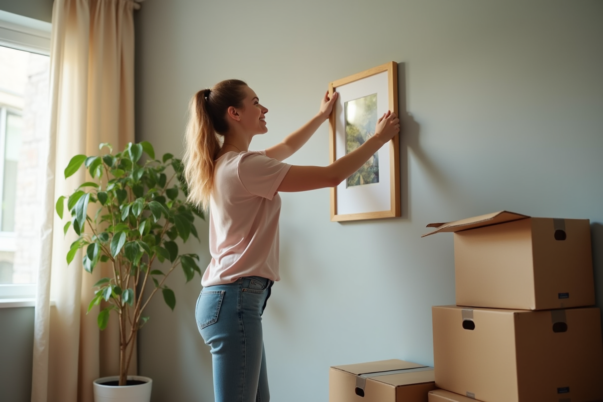 Jeune femme accrochant une photo dans un salon lumineux