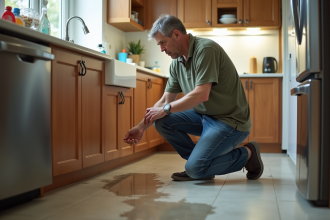 Homme inspectant une fuite d'eau dans la cuisine