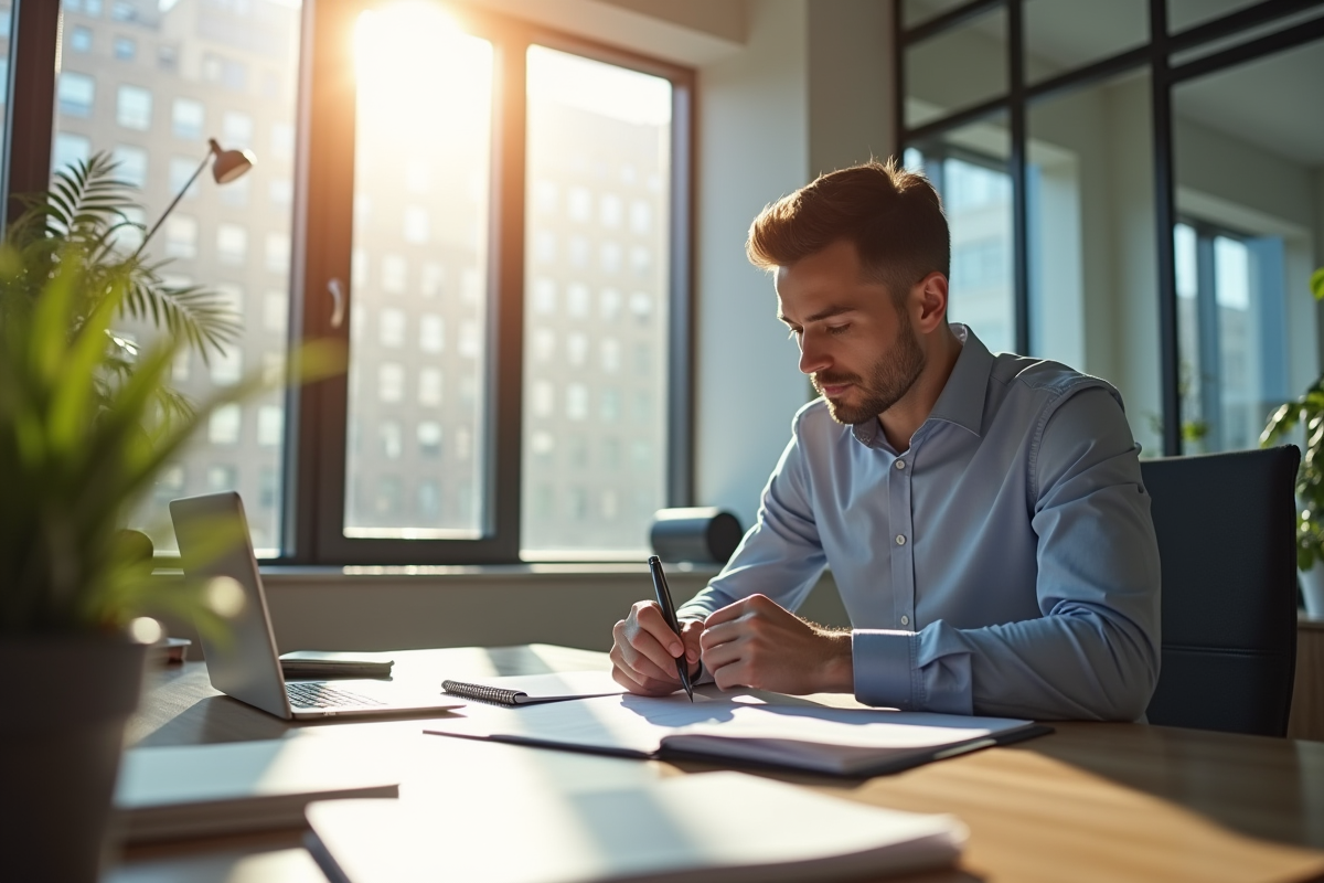 Gestionnaire immobilier professionnel dans un bureau moderne analysant des contrats de location