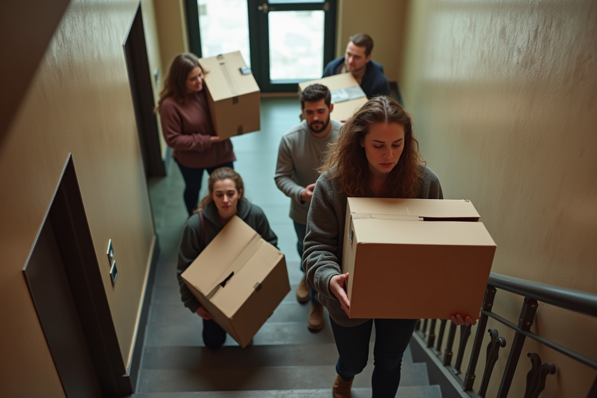 Groupe de jeunes et adultes en déménagement dans un immeuble