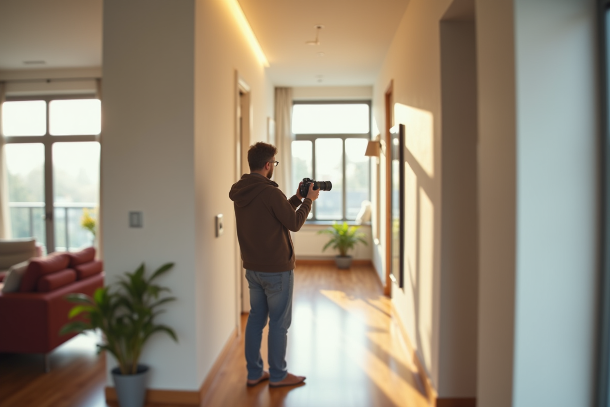Propriétaire prenant des photos dans un appartement lumineux