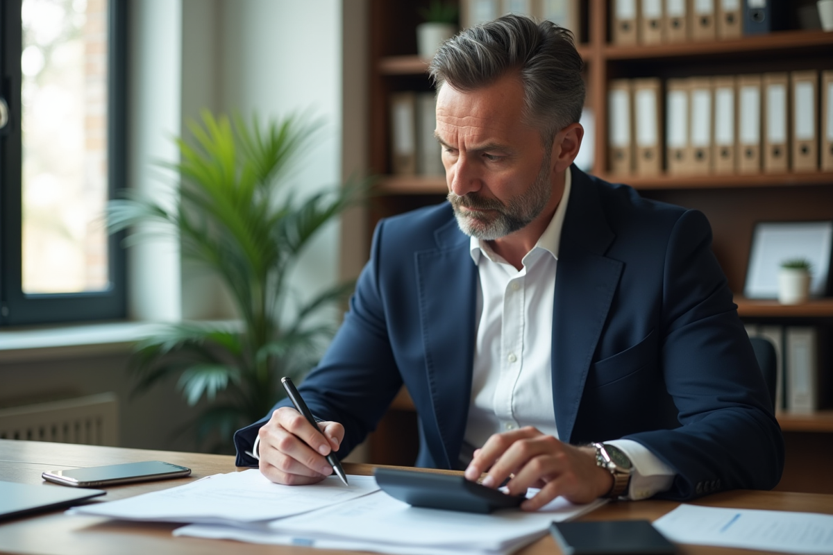 Homme d'affaires en costume bleu examine des documents