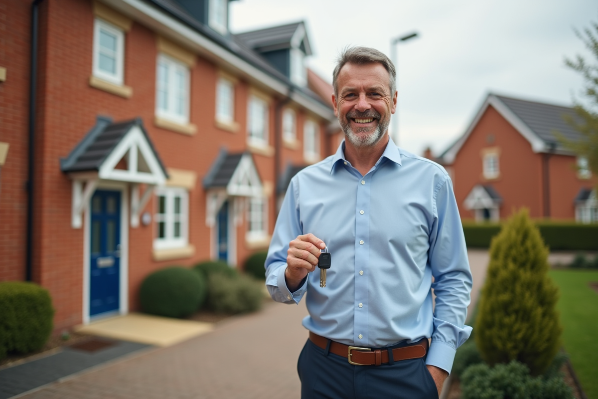 Homme souriant tenant des clés devant une maison rénovée