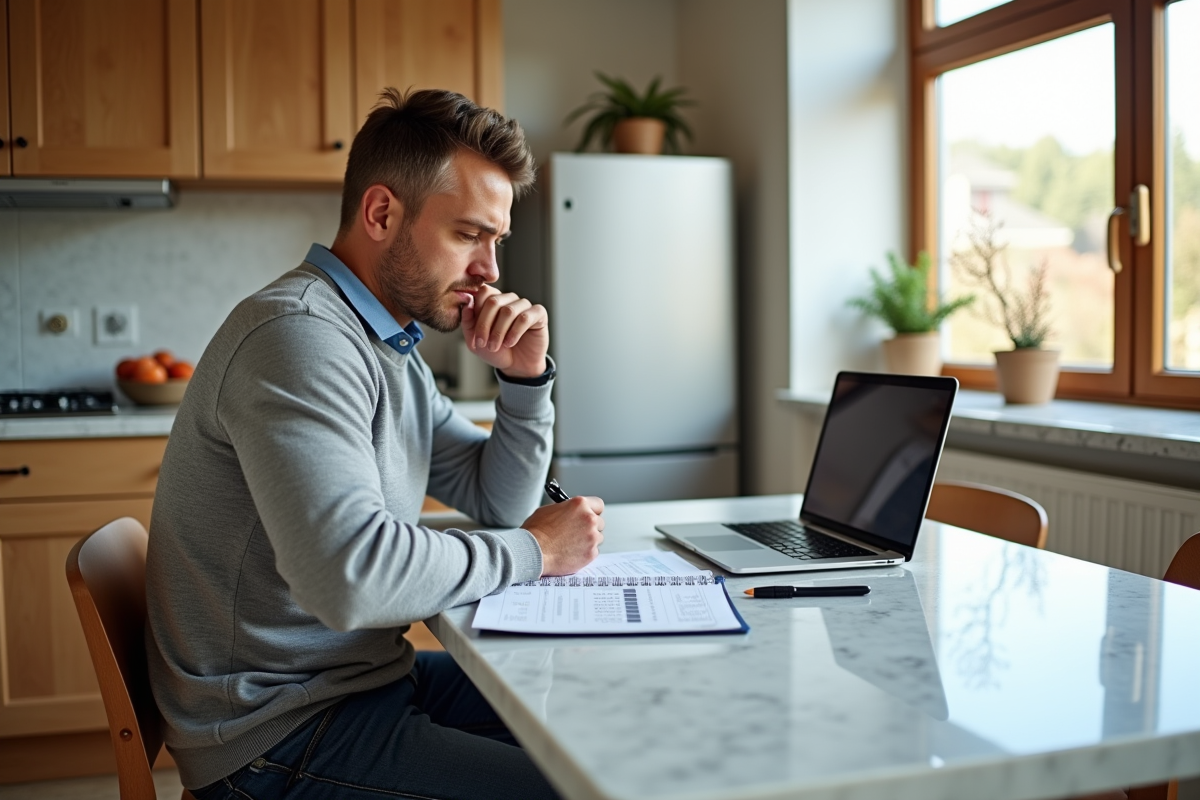 Homme calculant prêt immobilier dans sa cuisine lumineuse