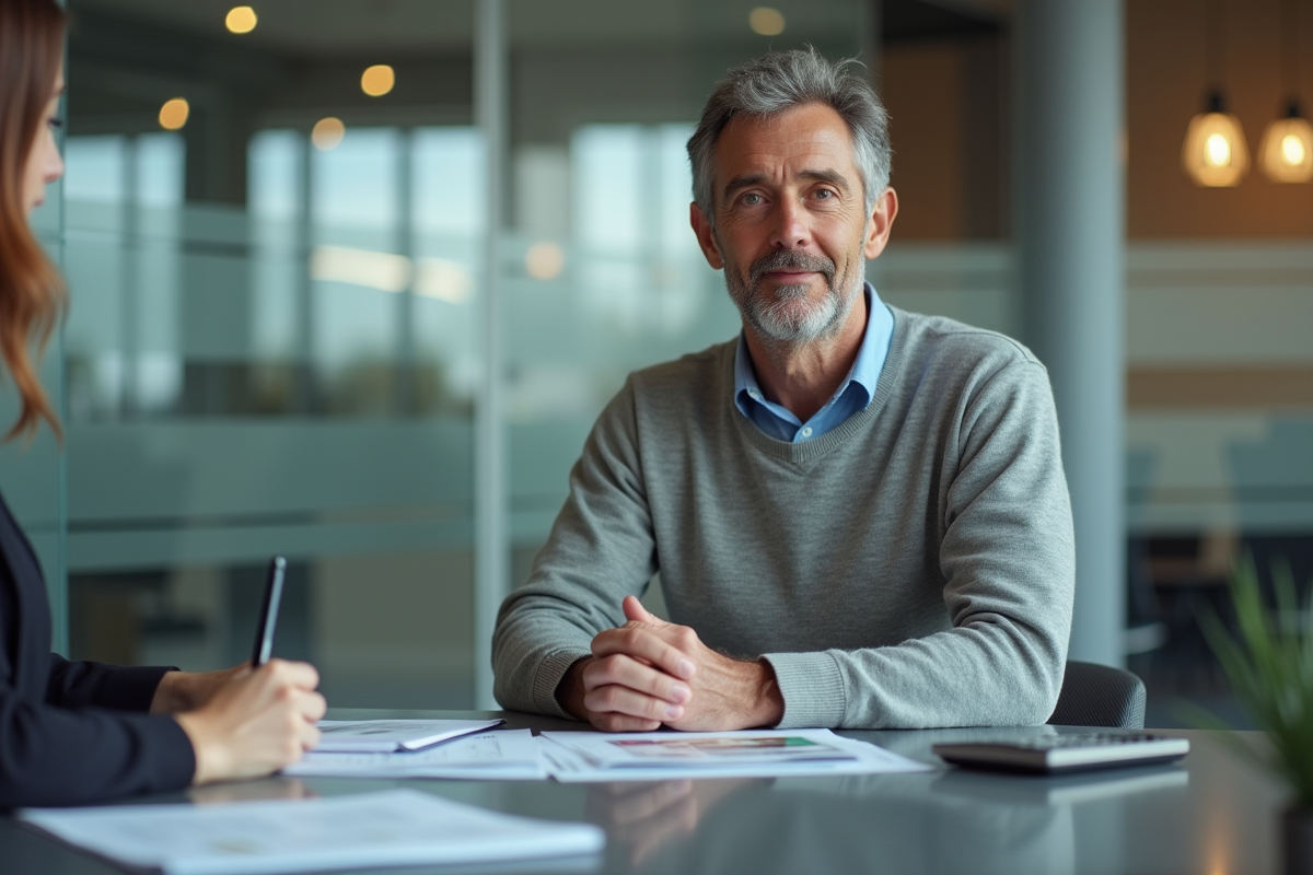 Homme discutant avec un conseiller financier dans un bureau moderne
