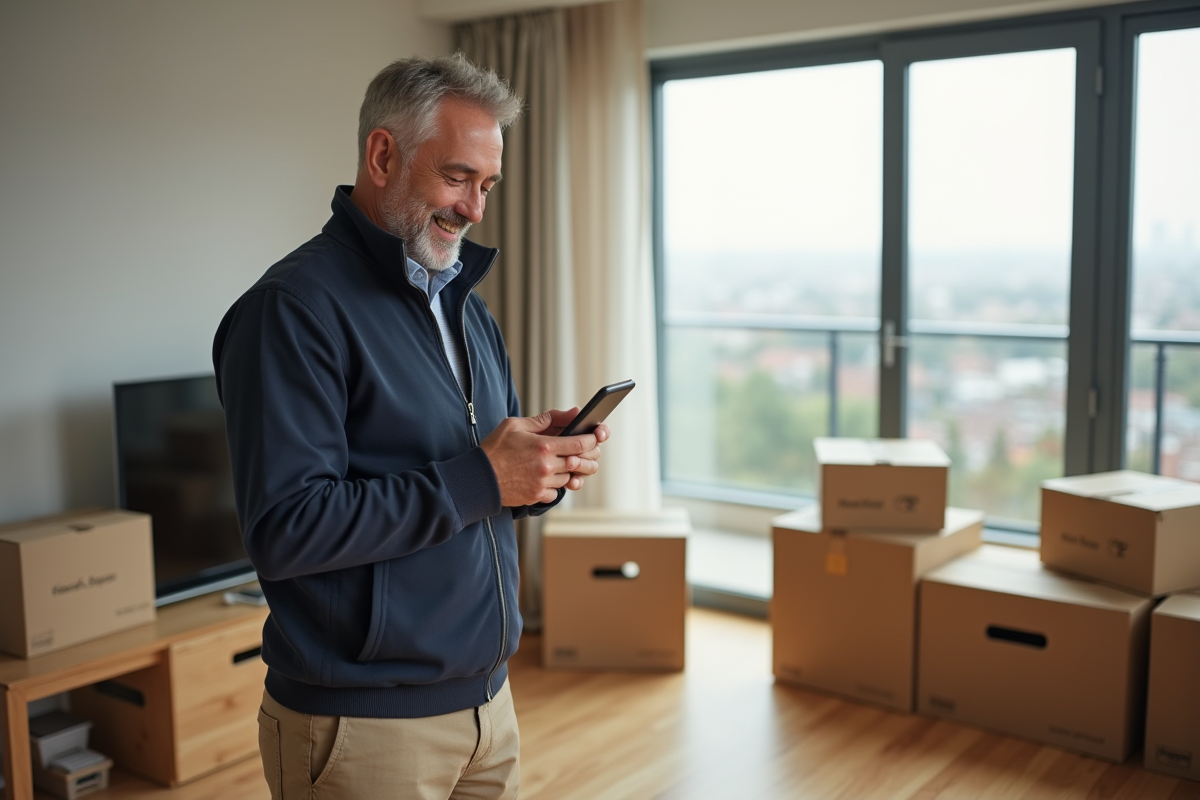 Homme vérifiant son assurance avec des cartons de déménagement