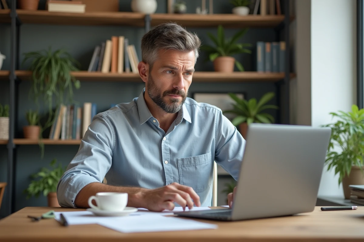 Homme d age moyen travaillant sur un ordinateur dans un espace de coworking