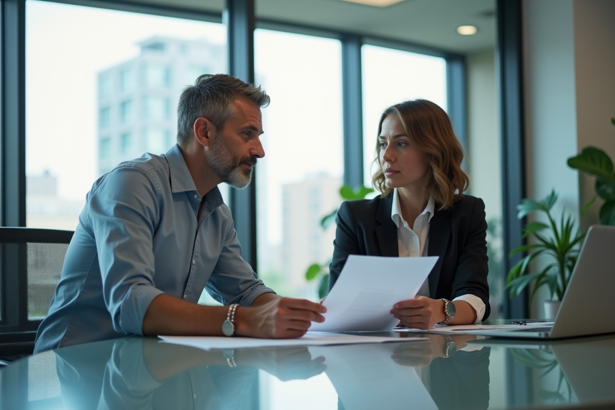 Homme et conseillère discutent de documents financiers dans un bureau