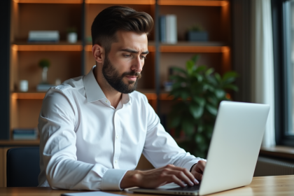 Homme en chemise blanche travaillant sur un ordinateur dans un intérieur moderne