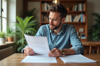 Homme lisant un contrat de location voiture dans un intérieur lumineux