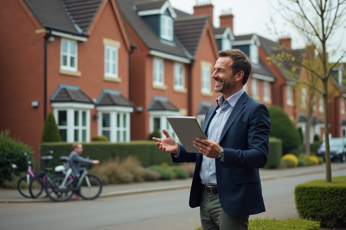 Homme souriant montrant maisons de banlieue charmantes