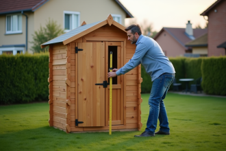 Homme d'âge moyen mesure un petit abri de jardin en bois