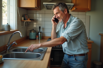 Homme d'âge moyen parlant au téléphone près d'une fuite dans la cuisine