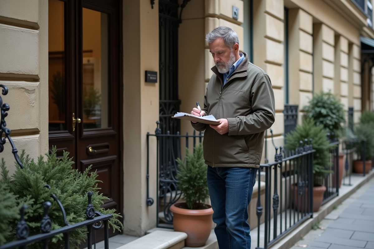 Homme vérifiant des papiers devant une entrée parisienne