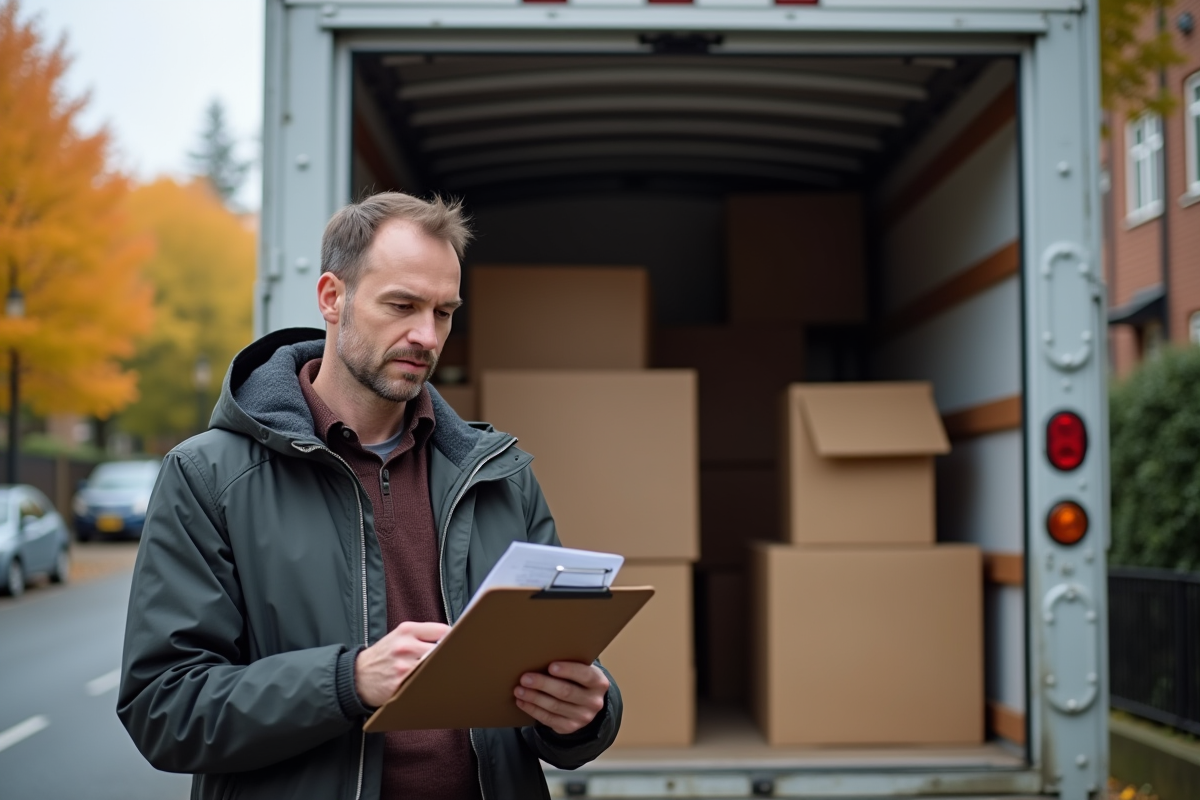 Homme vérifiant des documents devant un camion de déménagement