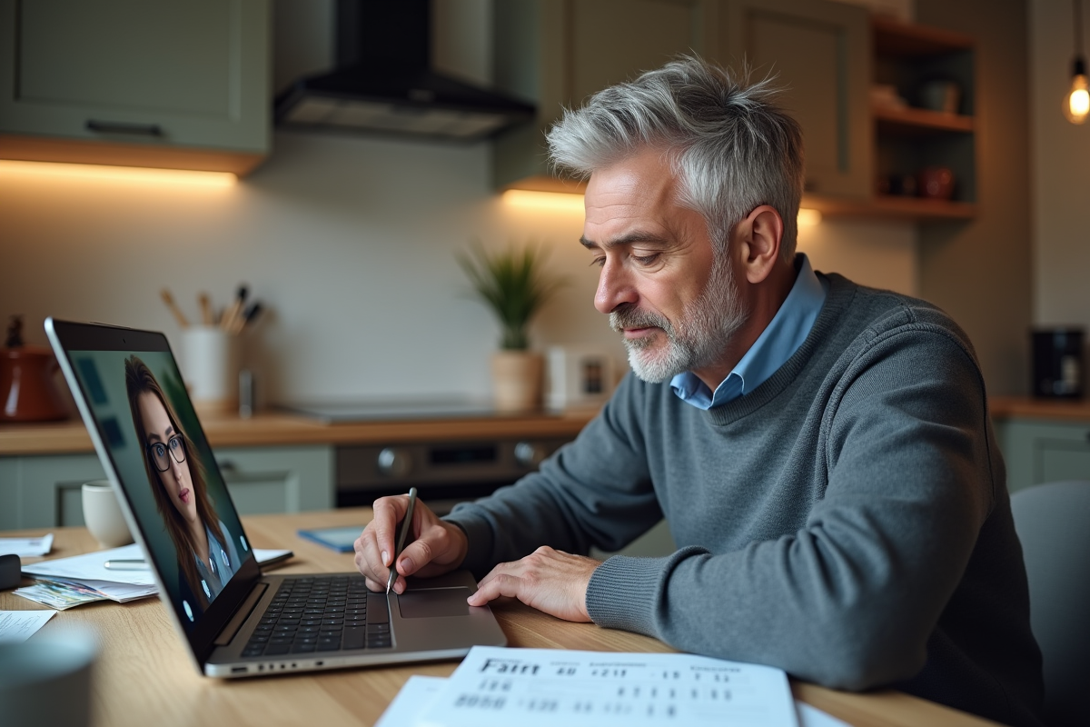 Homme en vidéoconférence dans sa cuisine à la maison