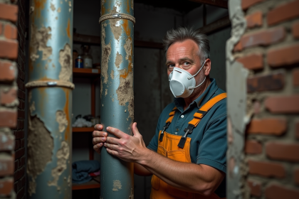 Homme en combinaison et masque examine une isolation en d&eacute;labrement