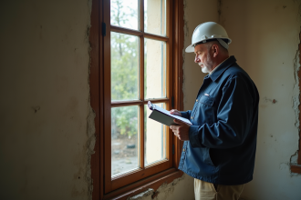 Inspecteur bâtiment examinant une fenêtre ancienne en bois