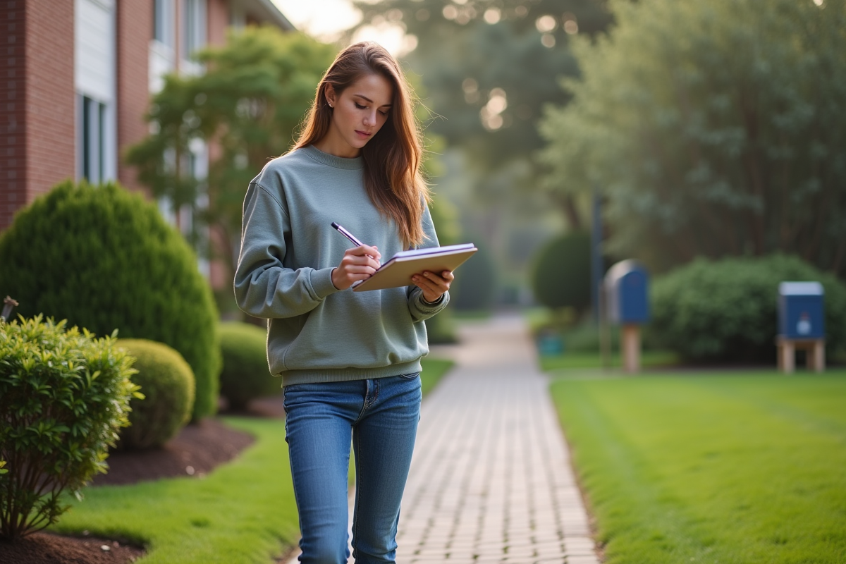 Jeune femme inspectant un jardin avec un carnet et un stylo
