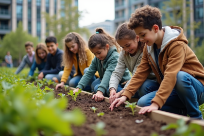 Groupe divers plantant dans un jardin urbain en ext&eacute;rieur